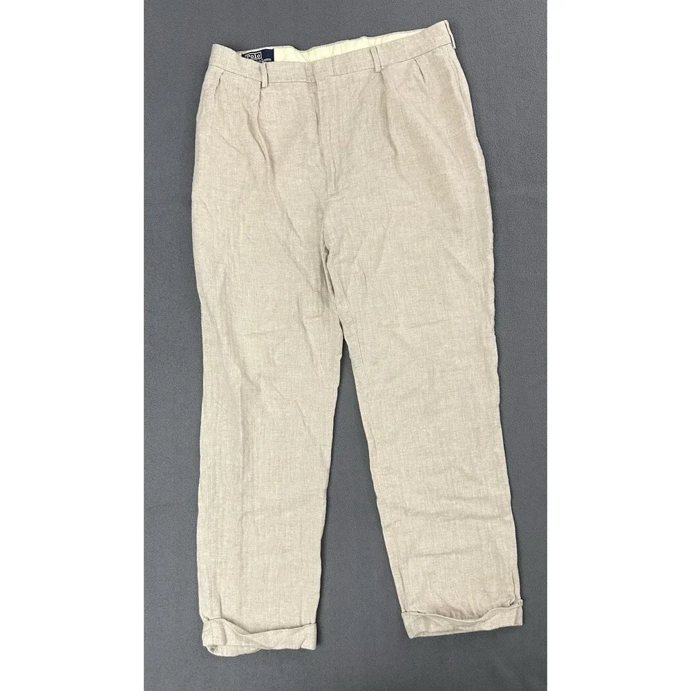 Vintage Polo Ralph Lauren Pants Mens 38X32 Tan Linen Tweed Pleated Cuffed 90s